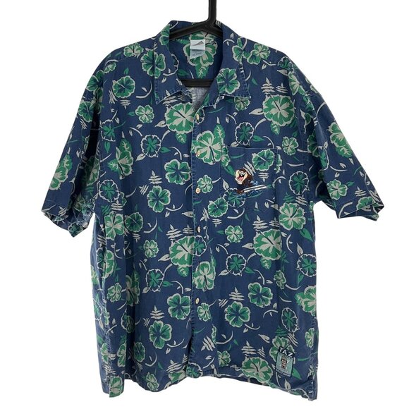 1999 Warner Bros Taz Devil Surf Gear Hawaiian Shirt XL Blue Floral 100% Cotton - Picture 3 of 9